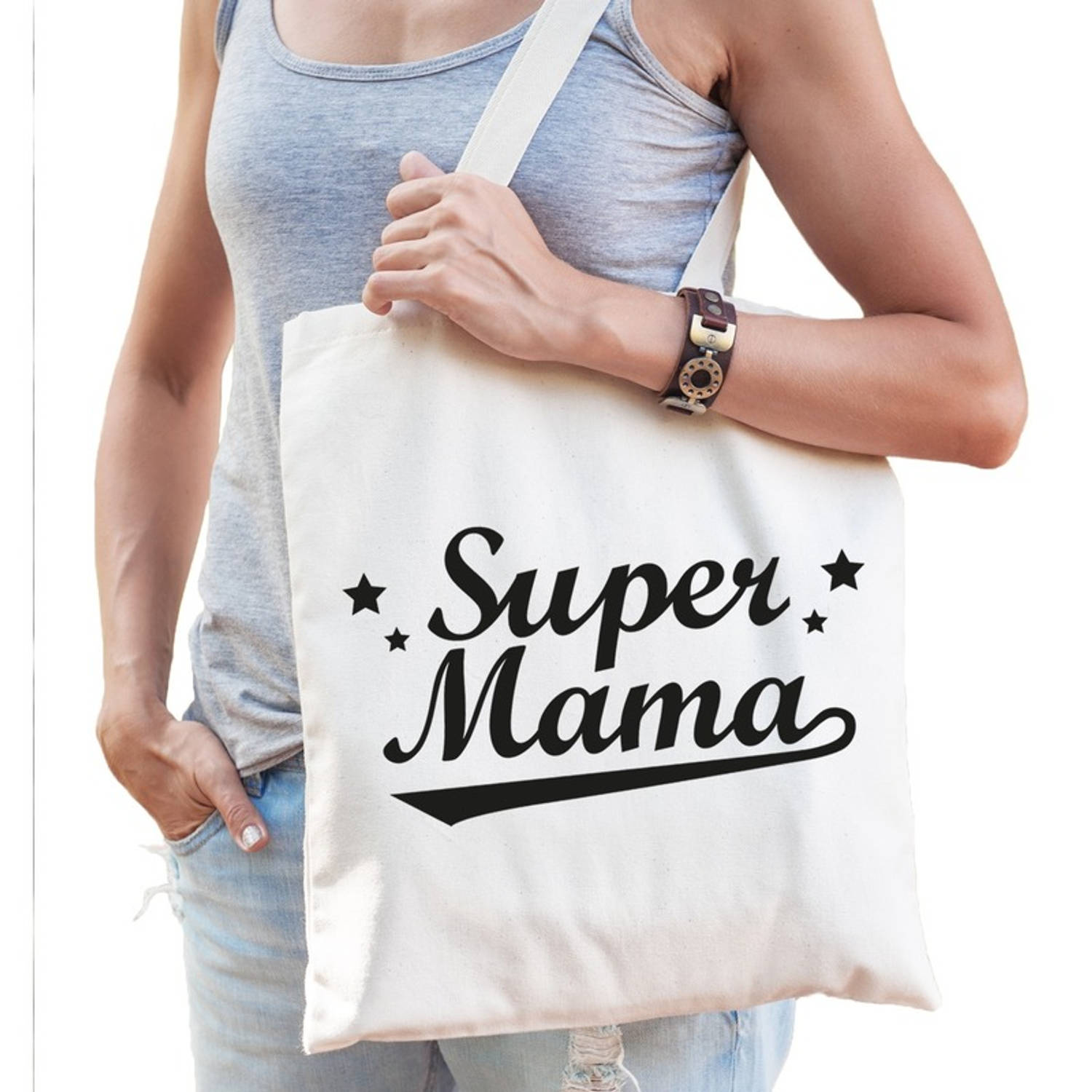 Bellatio Decorations Super Mama Katoenen Tas - Super Mama Moederdag Cadeau - Beige