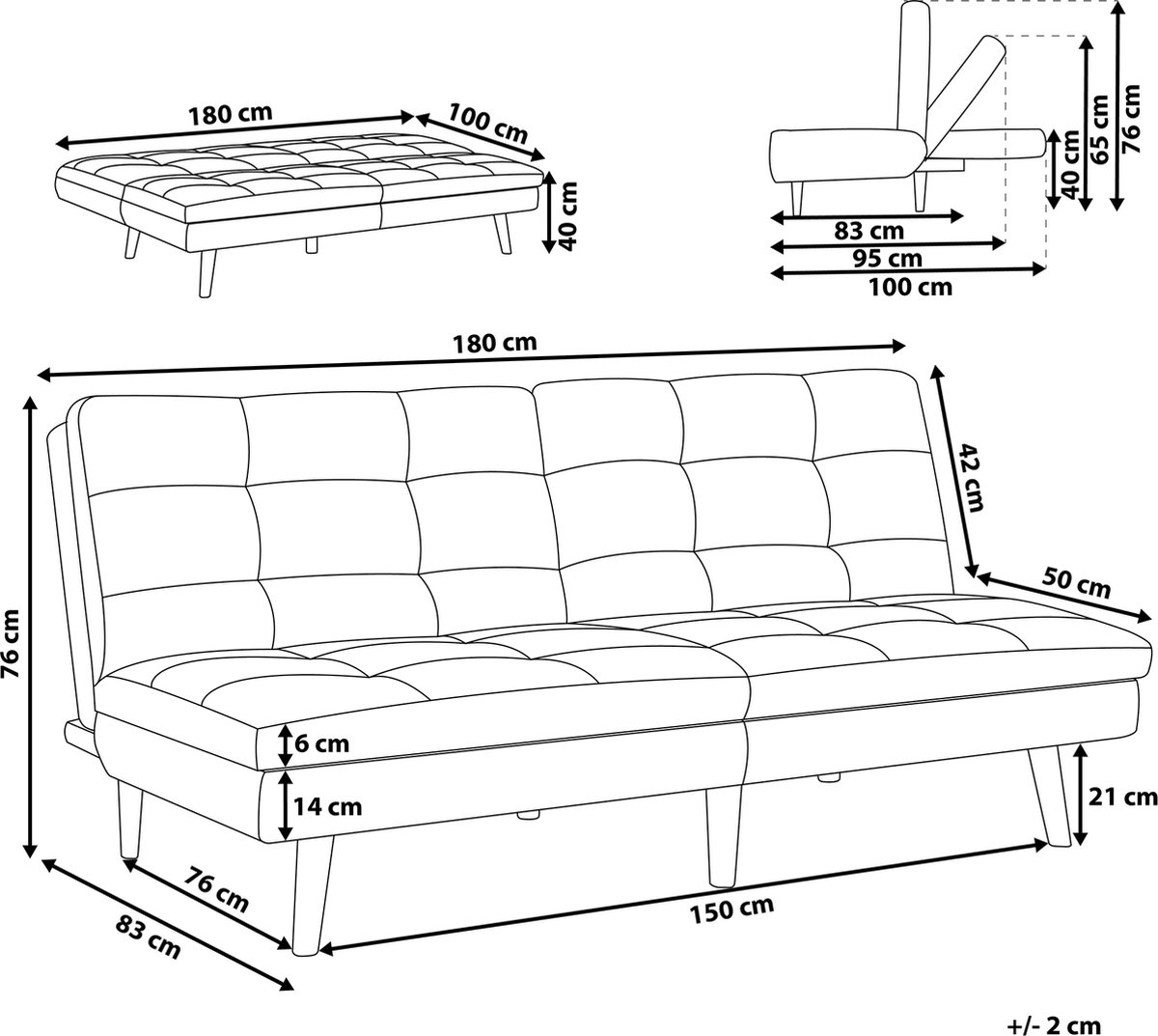 Beliani Ronne Slaapbank Polyester 95 X 180 Cm - Grijs