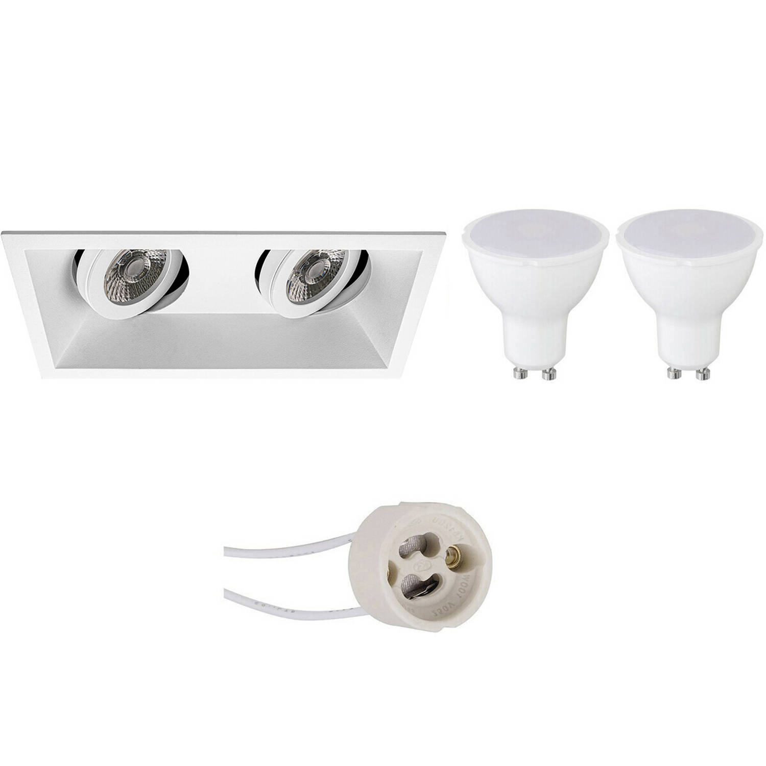 BES LED Led Spot Set - Pragmi Zano Pro - Gu10 Fitting - Inbouw Rechthoek Dubbel - Mat - 4w - Warm 3000k - Kantelbaar - - Wit