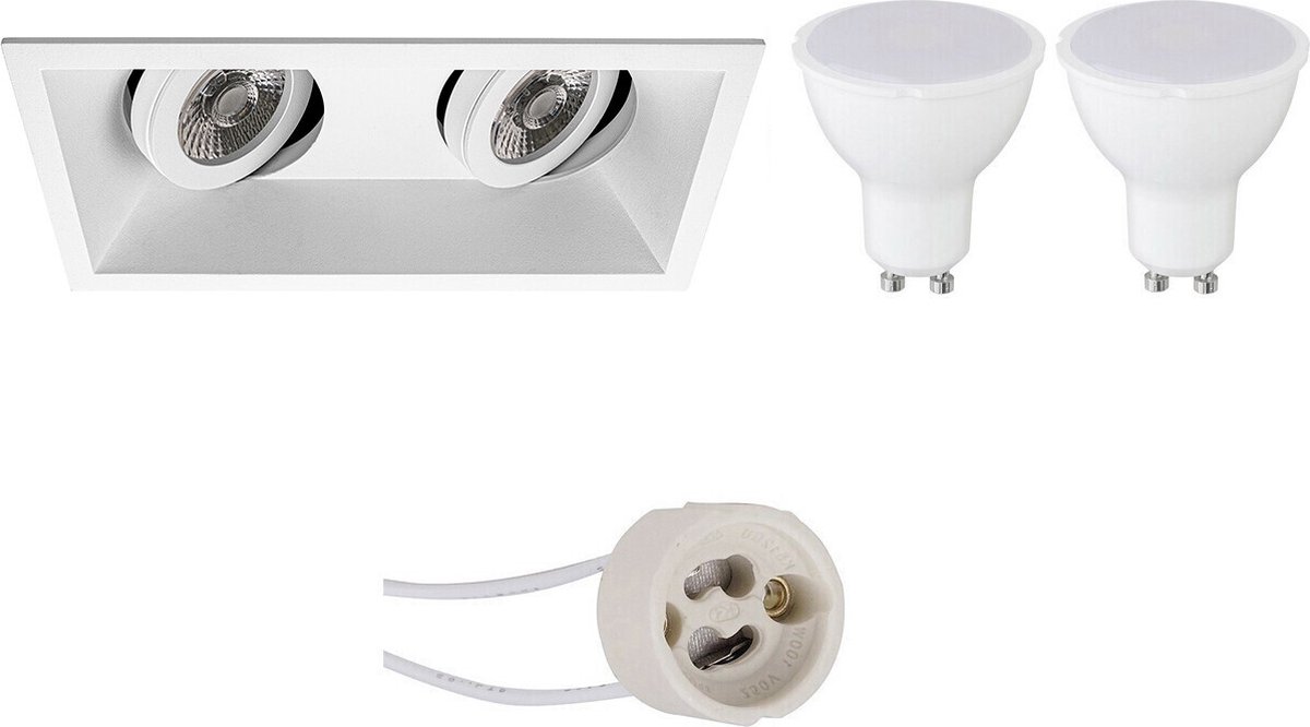 BES LED Led Spot Set - Pragmi Zano Pro - Gu10 Fitting - Inbouw Rechthoek Dubbel - Mat - 4w - Helder/koud 6400k - - Wit