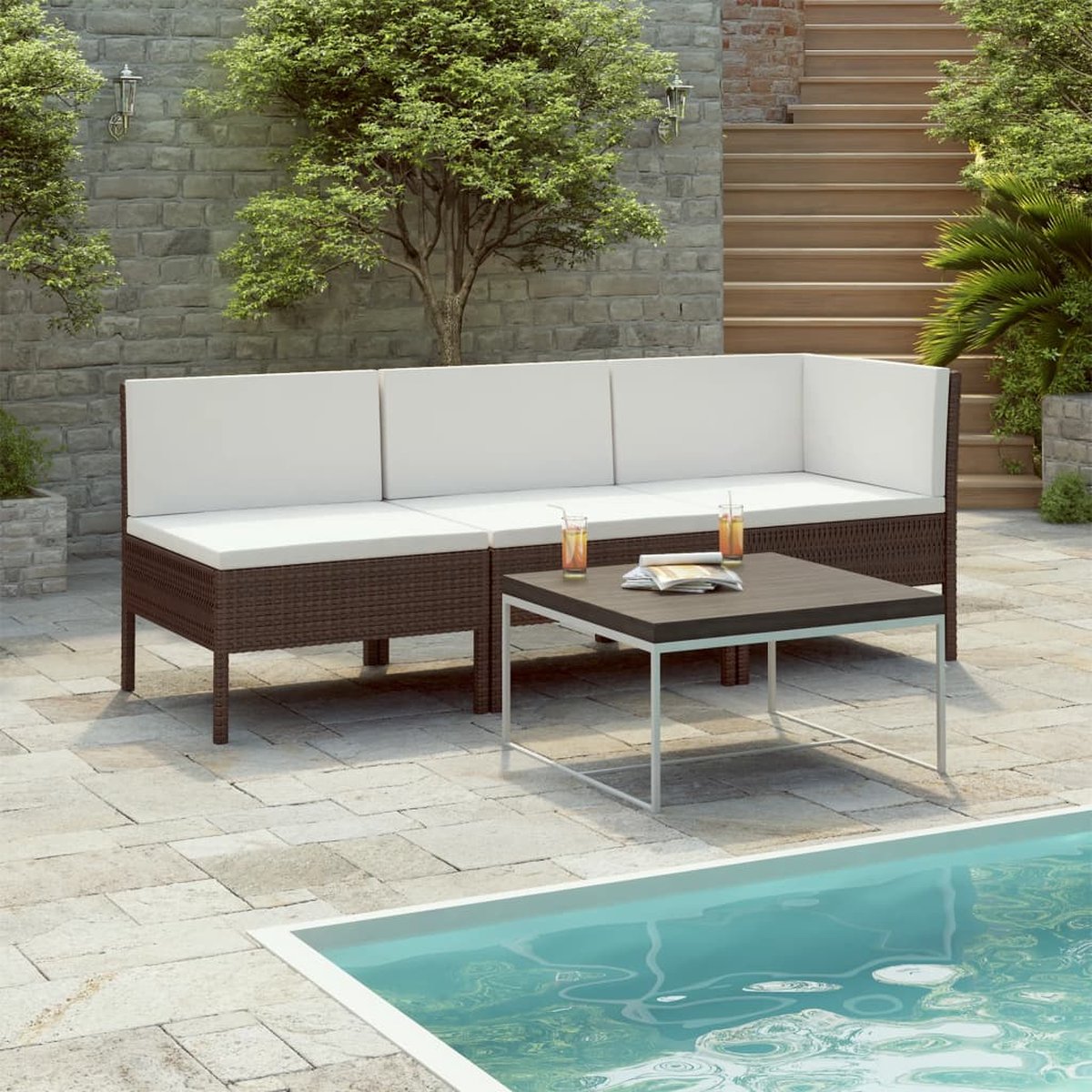 Vidaxl 3-delige Loungeset Met Kussens Poly Rattan - Bruin