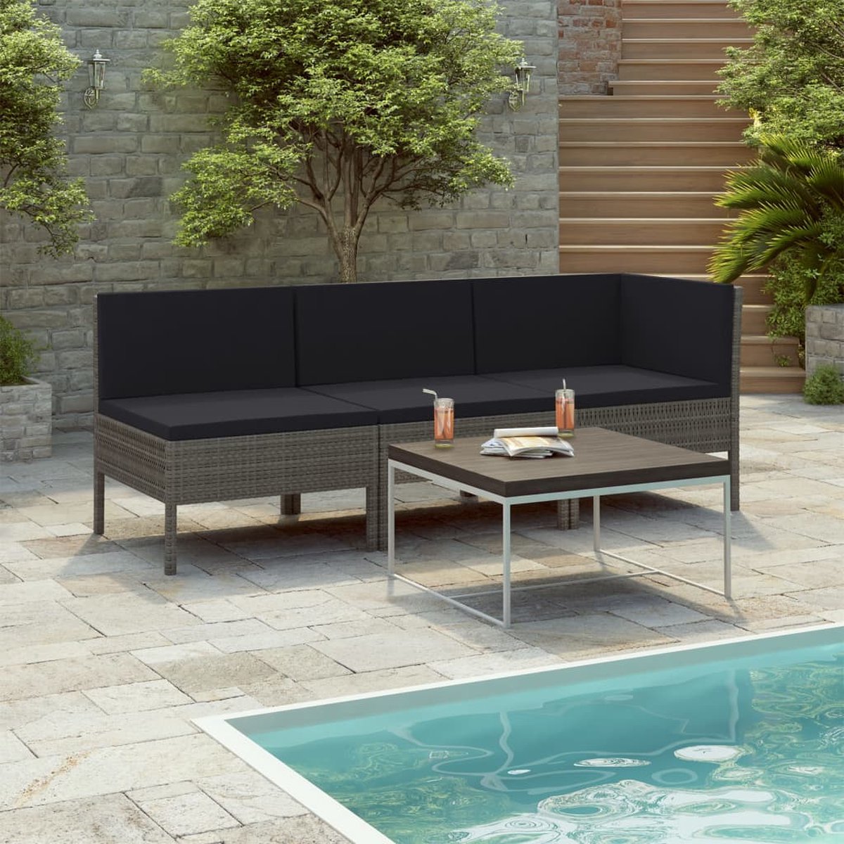 Vidaxl 3-delige Loungeset Met Kussens Poly Rattan - Grijs