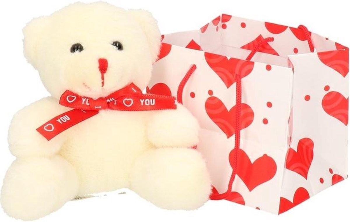 Valentijsdag Knuffelbeertje Rood Sjaaltje - Pluche Teddybeer In Tasje - Valentijn Cadeau - Wit