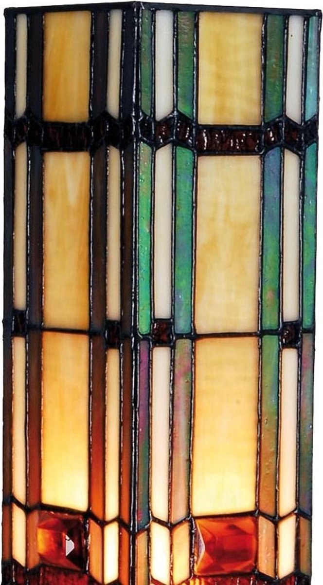 Clayre & Eef Tafellamp Tiffany - 12*12*35 Cm E14/max 1*40w - Meerkleurig - Glas In Lood - Art Deco - Lumilamp - 5ll-9024 - Beige