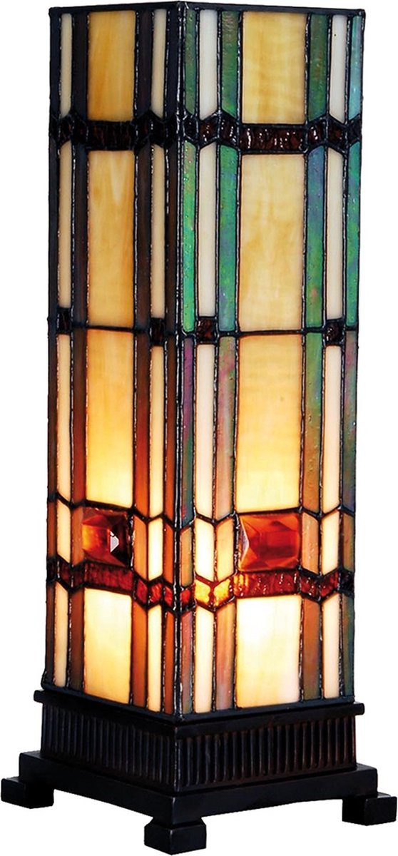 Clayre & Eef Tafellamp Tiffany - 12*12*35 Cm E14/max 1*40w - Meerkleurig - Glas In Lood - Art Deco - Lumilamp - 5ll-9024 - Beige