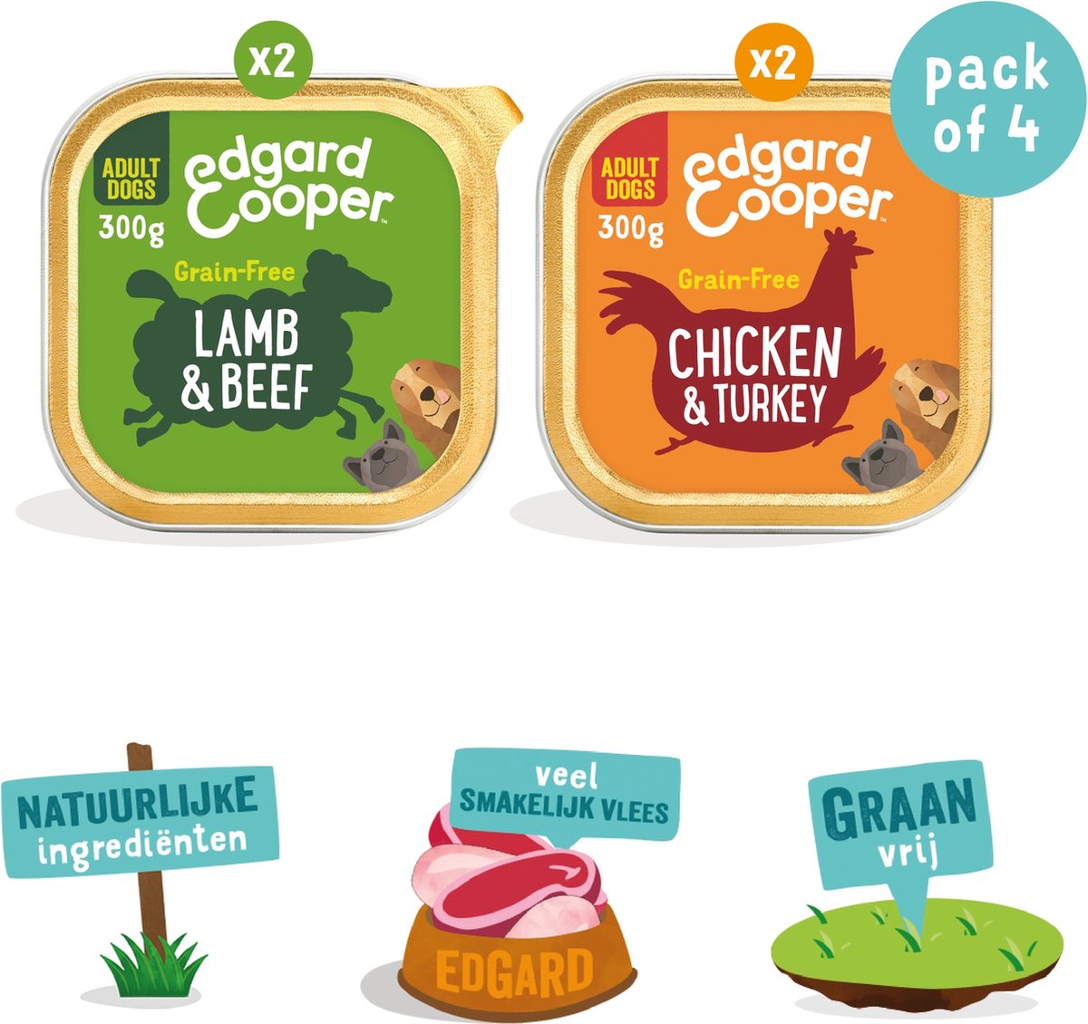 Edgard&Cooper Kuipjes Multipack Adult Chicken Lamb - Hondenvoer - Kip Lam 4x300 g