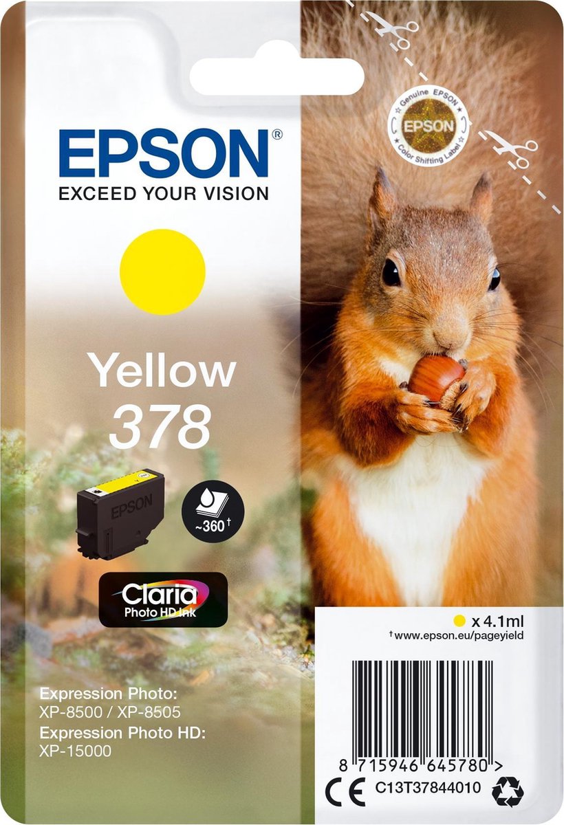 Epson Squirrel Singlepack Yellow 378 Claria Photo HD Ink - Geel