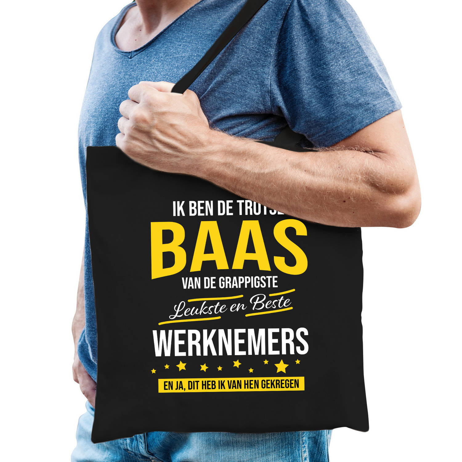 Bellatio Decorations Trotse Baas Van De Leukste Werknemers Katoenen Cadeau Tas Voor Heren Verjaardag - Kado Voor Werkgevers / Bazen - Zwart