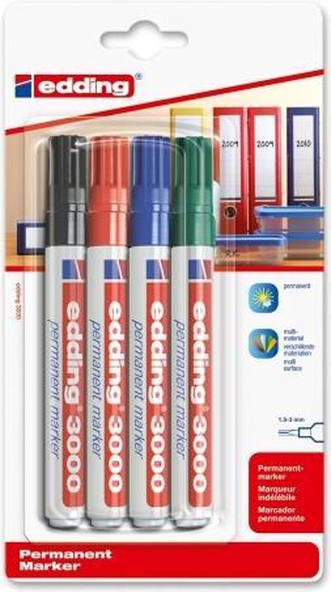 Edding Permanent Marker 3000, Blister Van 4 Stuks In Geassorteerde Kleuren