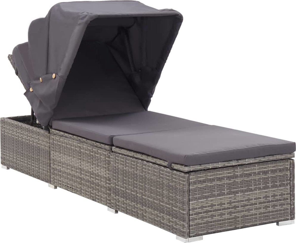 Vidaxl Ligbed Met Luifel En Kussen Poly Rattan - Grijs