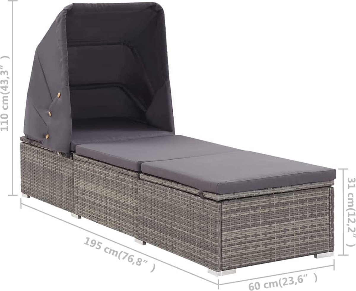Vidaxl Ligbed Met Luifel En Kussen Poly Rattan - Grijs