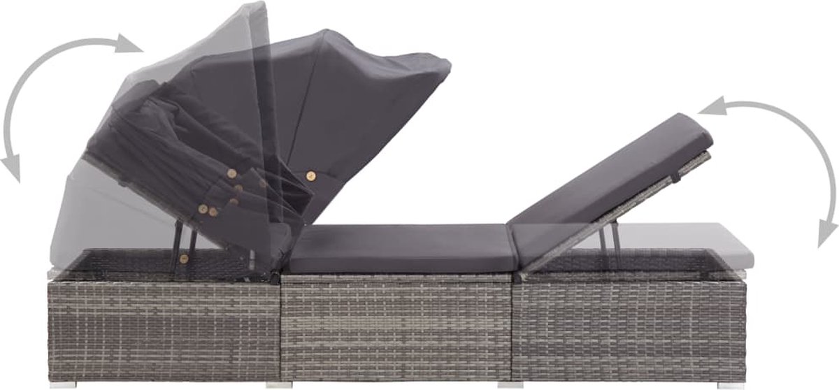 Vidaxl Ligbed Met Luifel En Kussen Poly Rattan - Grijs