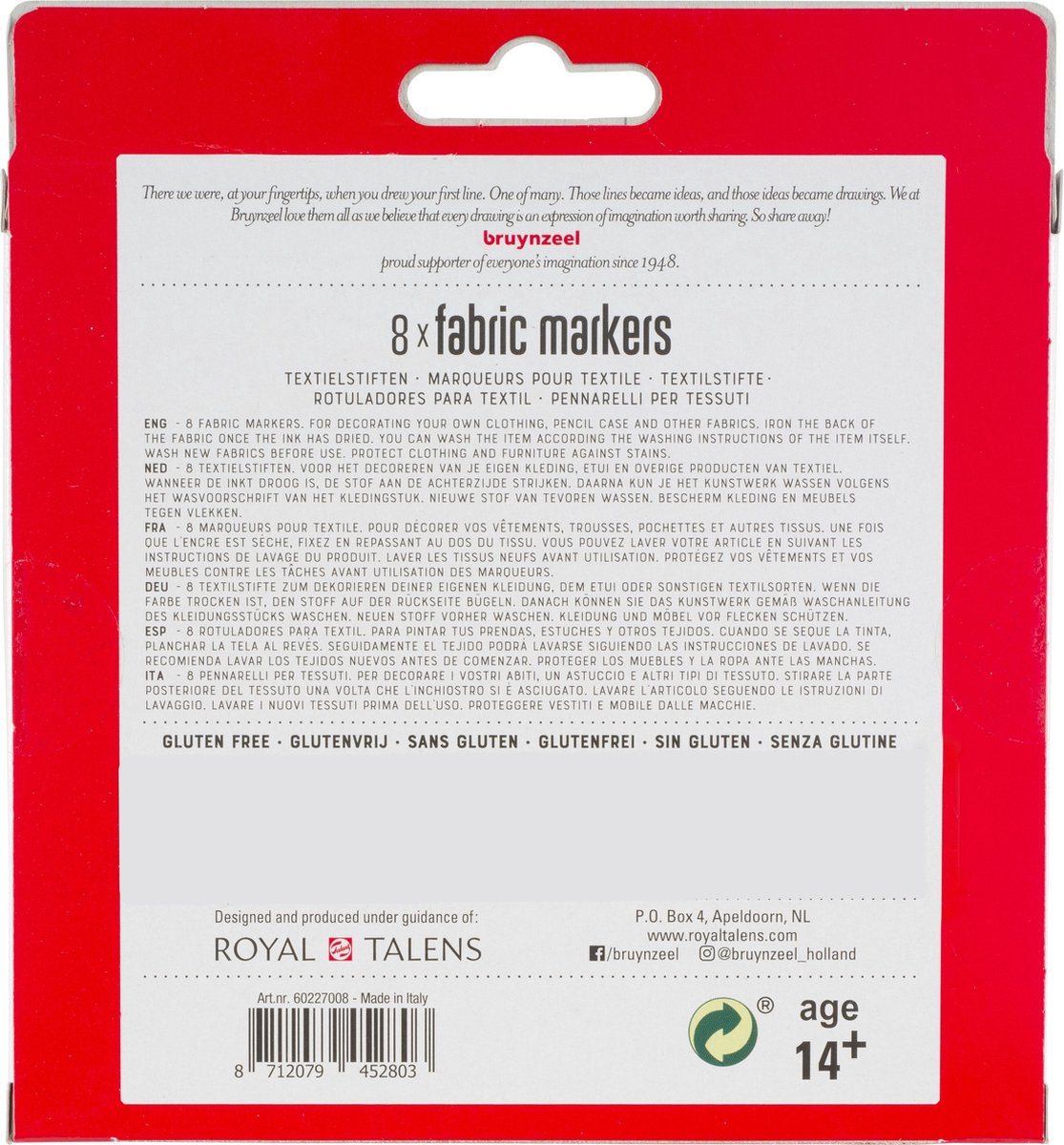 Bruynzeel Textielstiften Heldere Kleuren Junior 8 Stuks