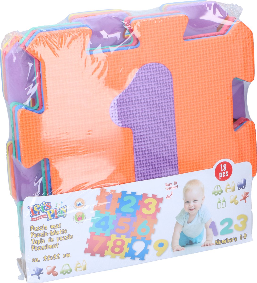 Let's Play Puzzelmat - 18 Stukken - Met Gekleurde Cijfers - 96 X 96 Cm - Foam - Rood