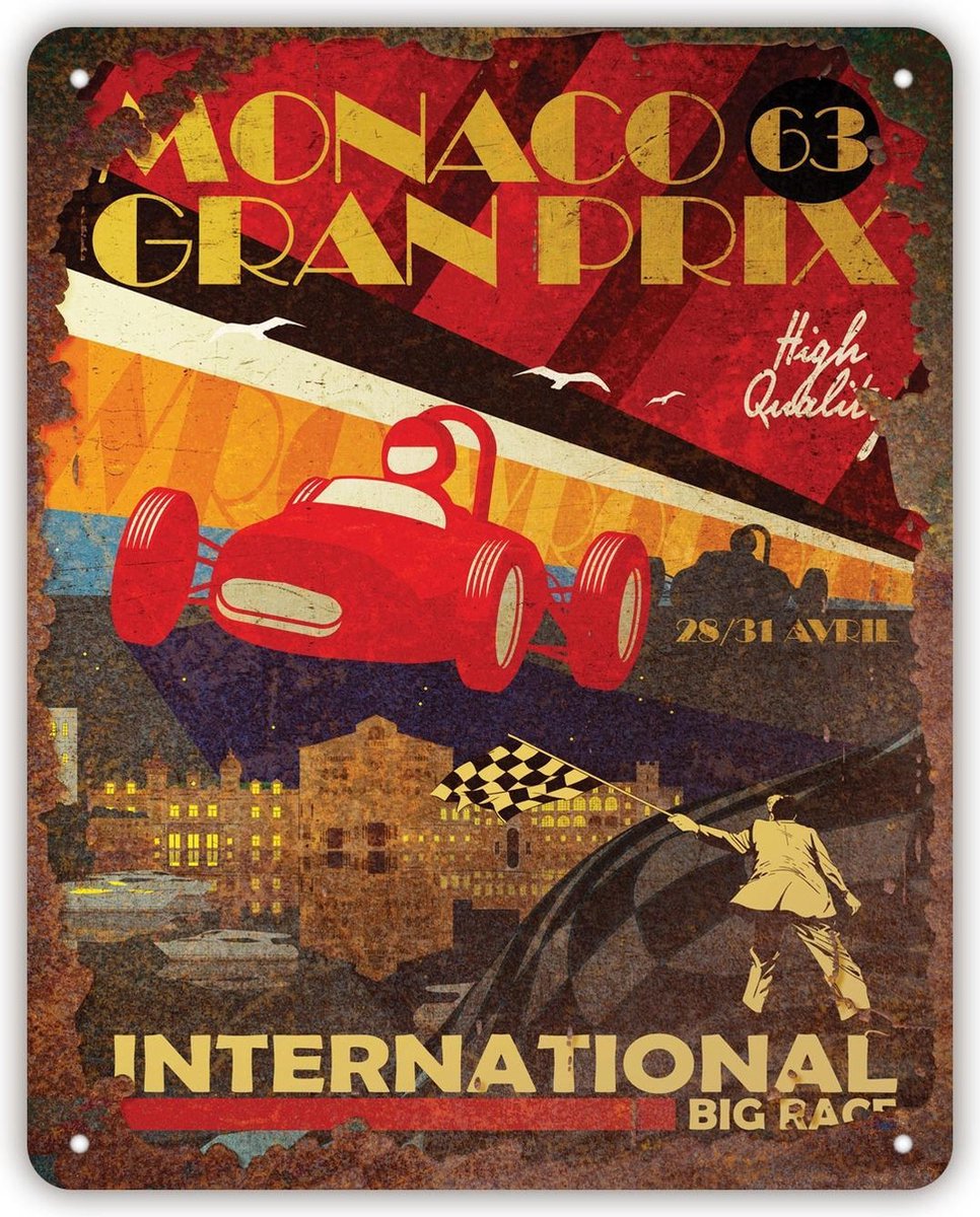 HAES deco - Retro Metalen Muurdecoratie - Gran Prix Monaco '63 - Deco Vintage-decoratie - 20 X 25 X 0,3 Cm - Wd086