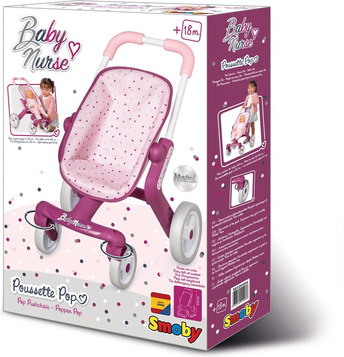 Smoby Baby Verpleegster Pop Wandelwagen - Multidirectionele Wielen - Roze