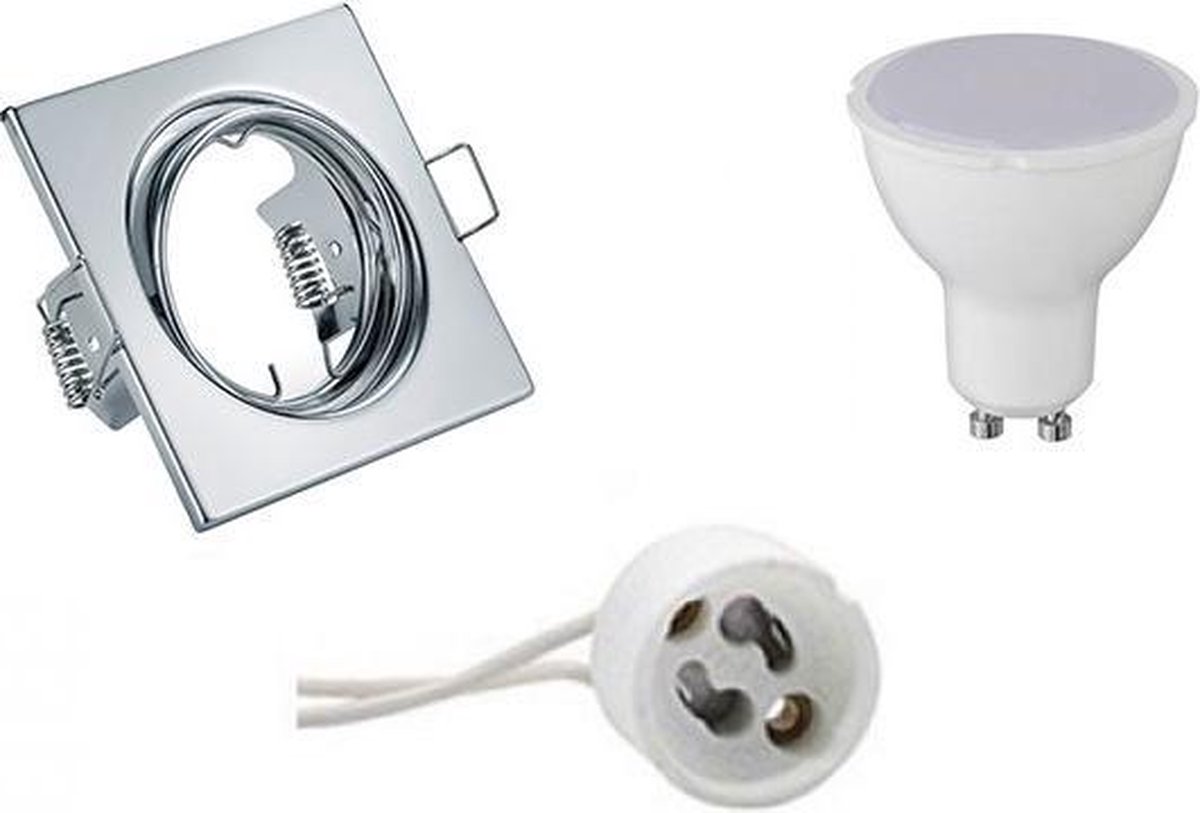 BES LED Led Spot Set - Trion - Gu10 Fitting - Inbouw Vierkant - Glans Chroom - 6w - Warm 3000k - Kantelbaar 80mm - Wit