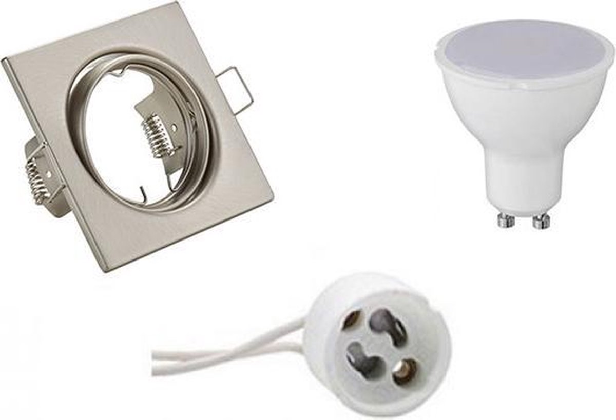 BES LED Led Spot Set - Trion - Gu10 Fitting - Inbouw Vierkant - Mat Nikkel - 6w - Warm 3000k - Kantelbaar 80mm - Wit