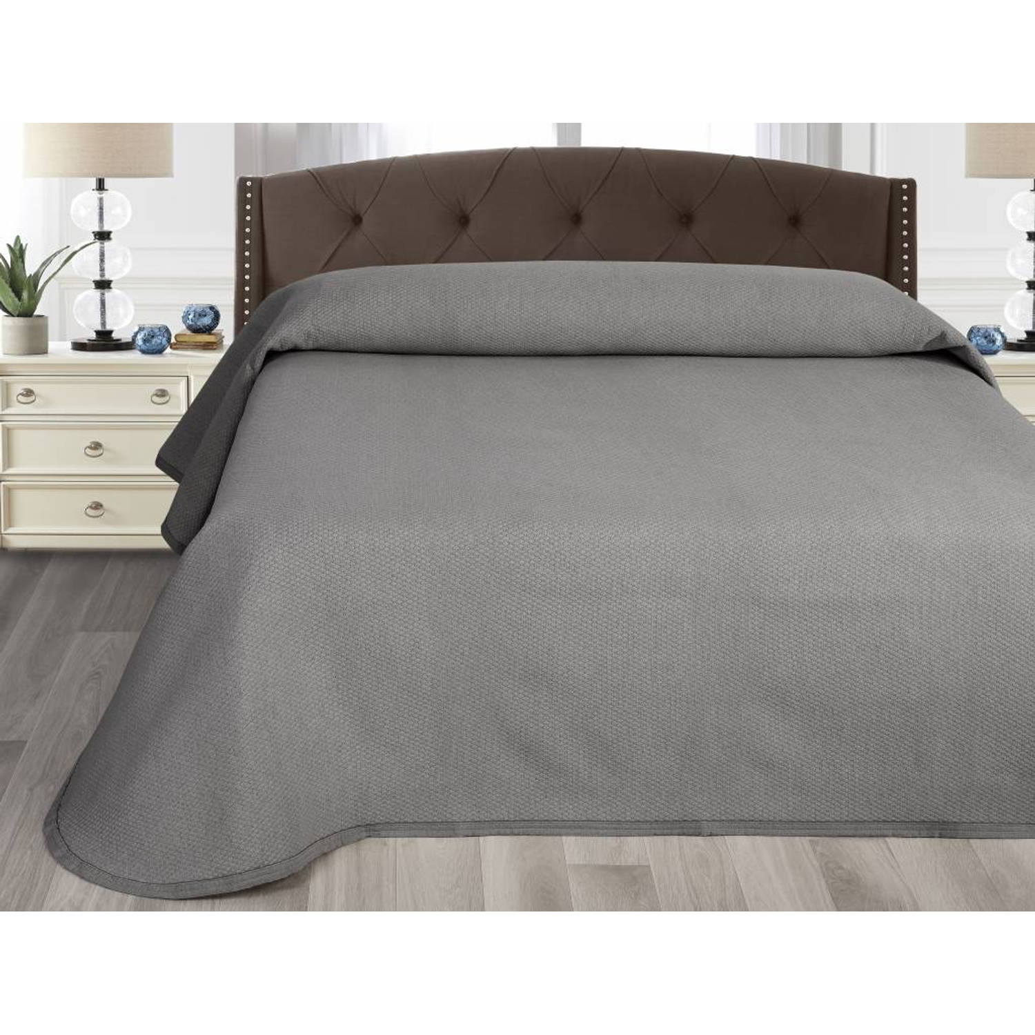 Nightsrest Bedsprei Julia - Sprei Met Ruitvormige Kleine Blokjes - Antraciet Maat: 270x260 Cm