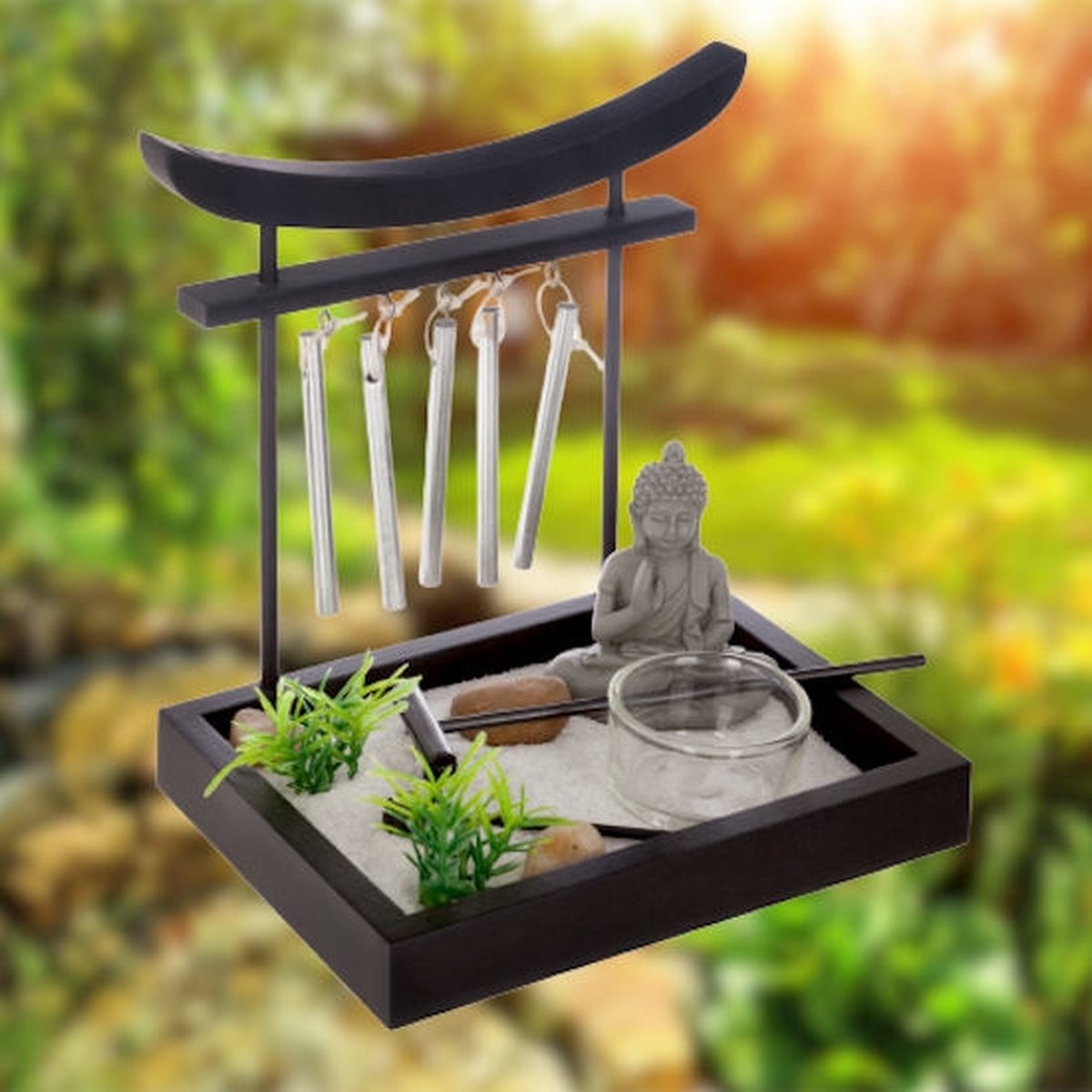Decopatent ® Zen Waxinehouder Met Boeddha En Windgong - Relax Plateau
