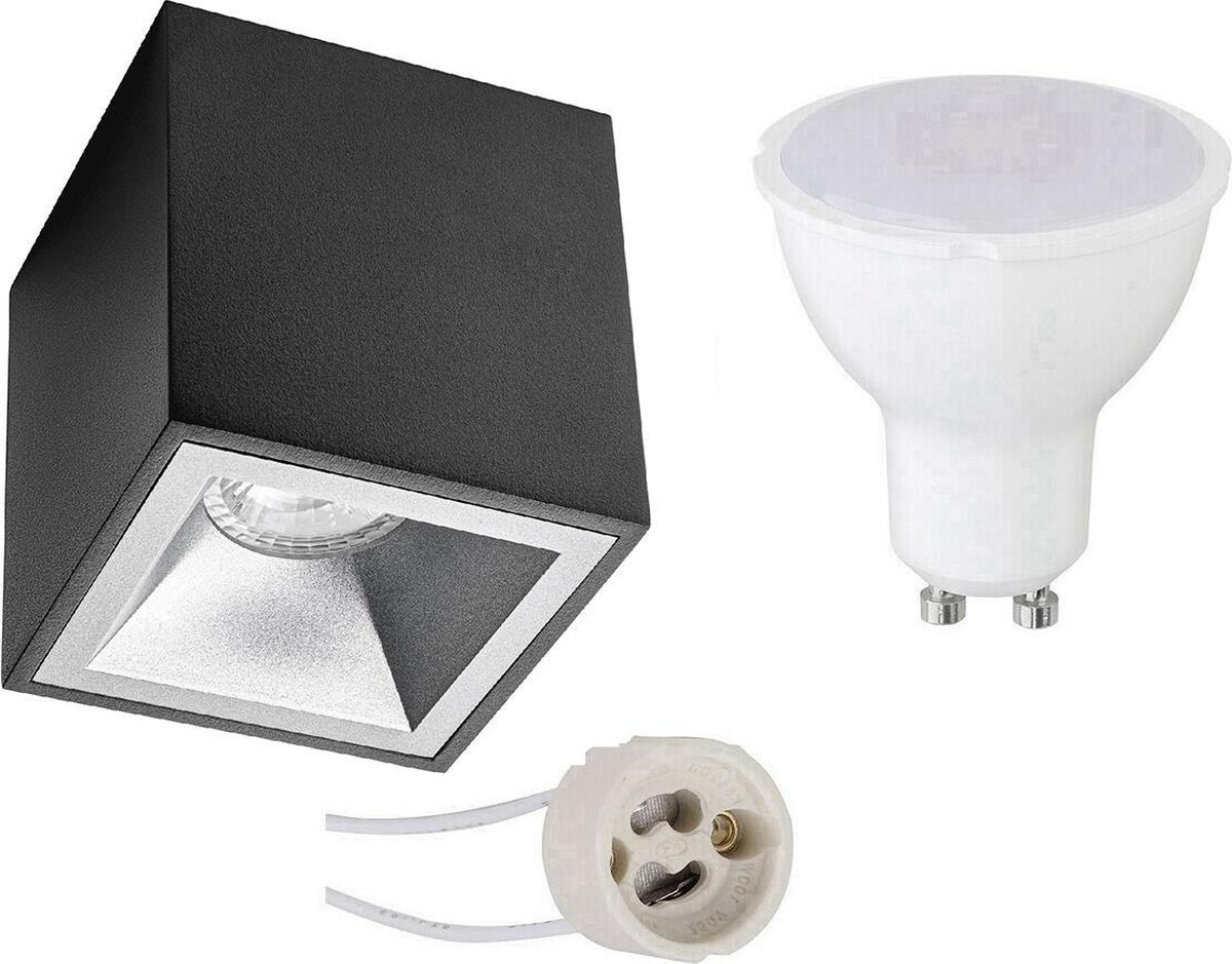 BES LED Opbouwspot Set - Pragmi Cliron Pro - Gu10 Fitting - Opbouw Vierkant - Mat/zilver - 6w - Warm Wit 3000k - Verdiept - Zwart