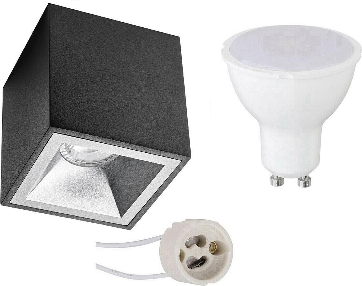 BES LED Opbouwspot Set - Aigi - Pragmi Cliron Pro - Gu10 Fitting - Opbouw Vierkant - Mat/zilver - 8w - Helder/koud Wit - Zwart