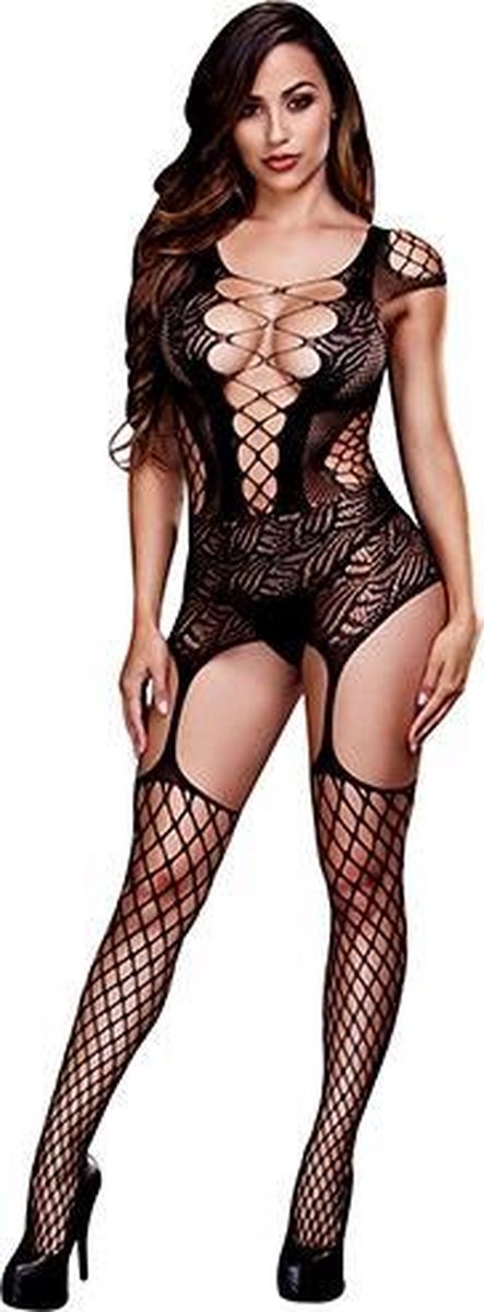 Baci - Jarretel Visnet Catsuit - - Zwart