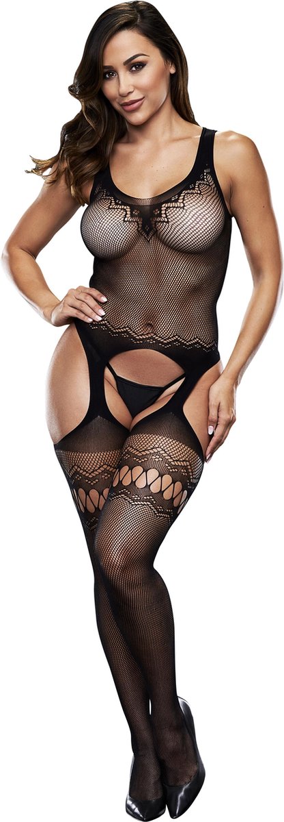 Baci - Jarretel Visnet Catsuit - - Zwart