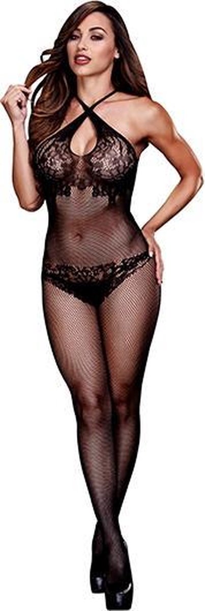 Baci - Visnet Catsuit Met Gekruiste Bandjes - Zwart