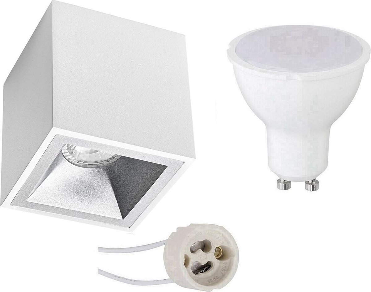 BES LED Opbouwspot Set - Pragmi Cliron Pro - Gu10 Fitting - Opbouw Vierkant - Mat/zilver - 4w - Helder/koud 6400k - - Wit