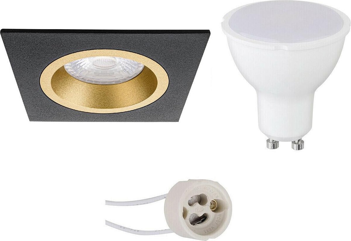 BES LED Led Spot Set - Pragmi Rodos Pro - Gu10 Fitting - Inbouw Vierkant - Mat/goud - 4w - Helder/koud Wit 6400k - 93mm - Zwart