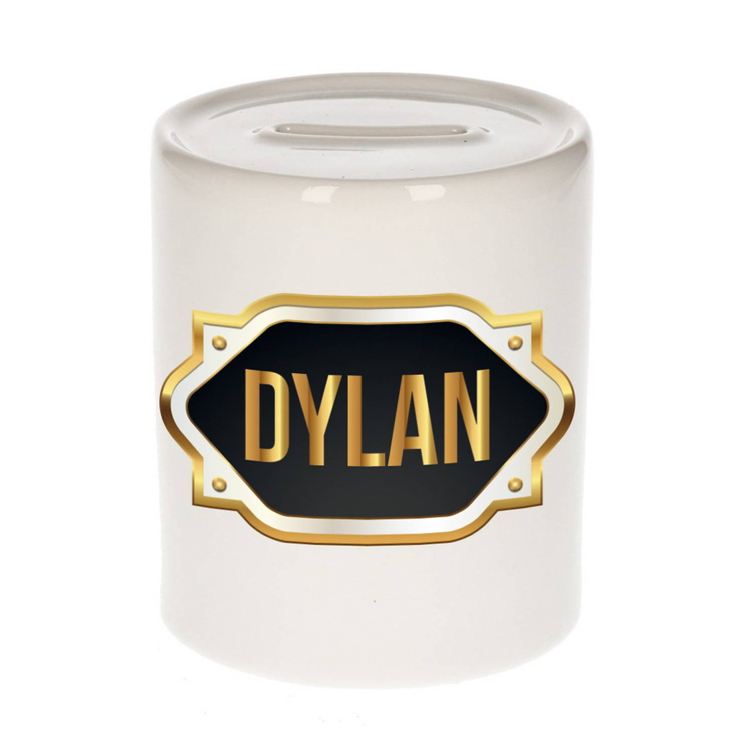 Bellatio Decorations Dylan Naam Cadeau Spaarpot Meten Embleem - Kado Verjaardag/ Vaderdag/ Pensioen/ Geslaagd/ Bedankt - Goud