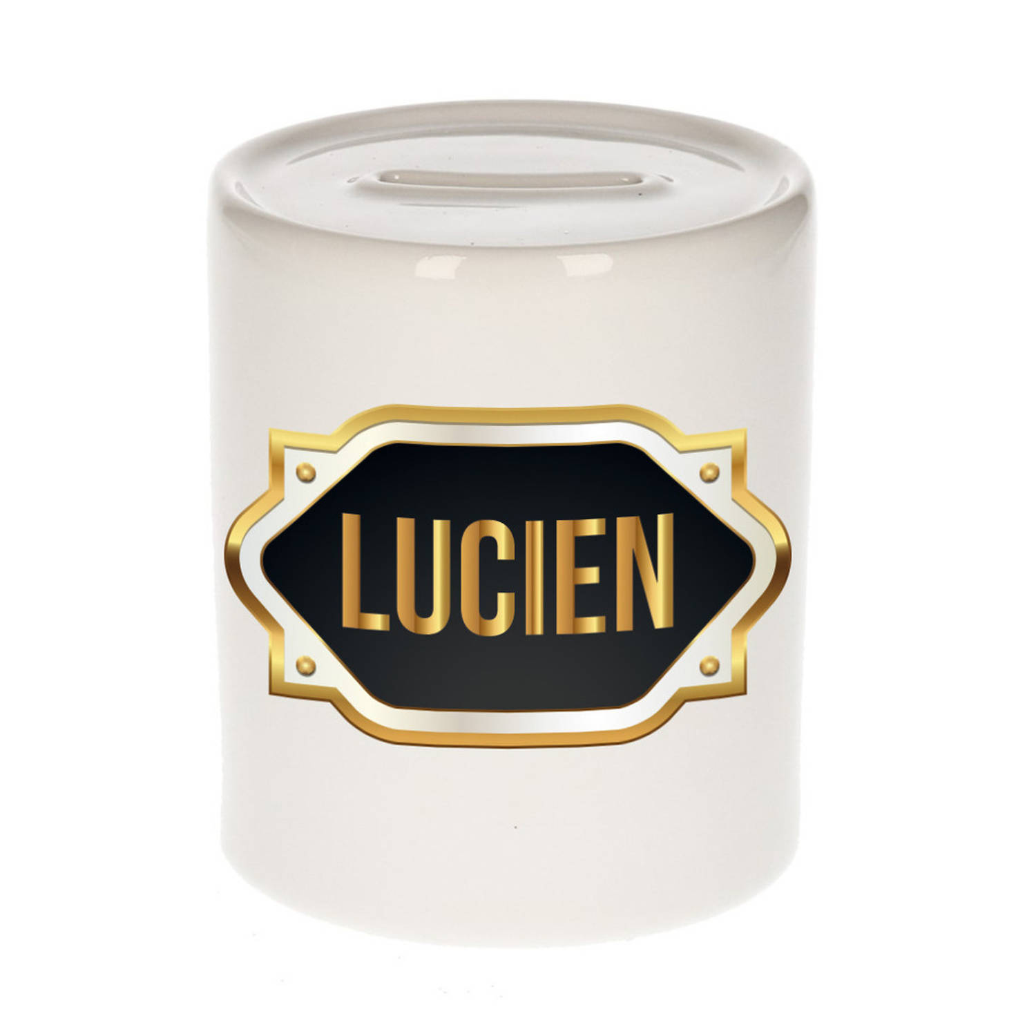 Bellatio Decorations Lucien Naam Cadeau Spaarpot Meten Embleem - Kado Verjaardag/ Vaderdag/ Pensioen/ Geslaagd/ Bedankt - Goud