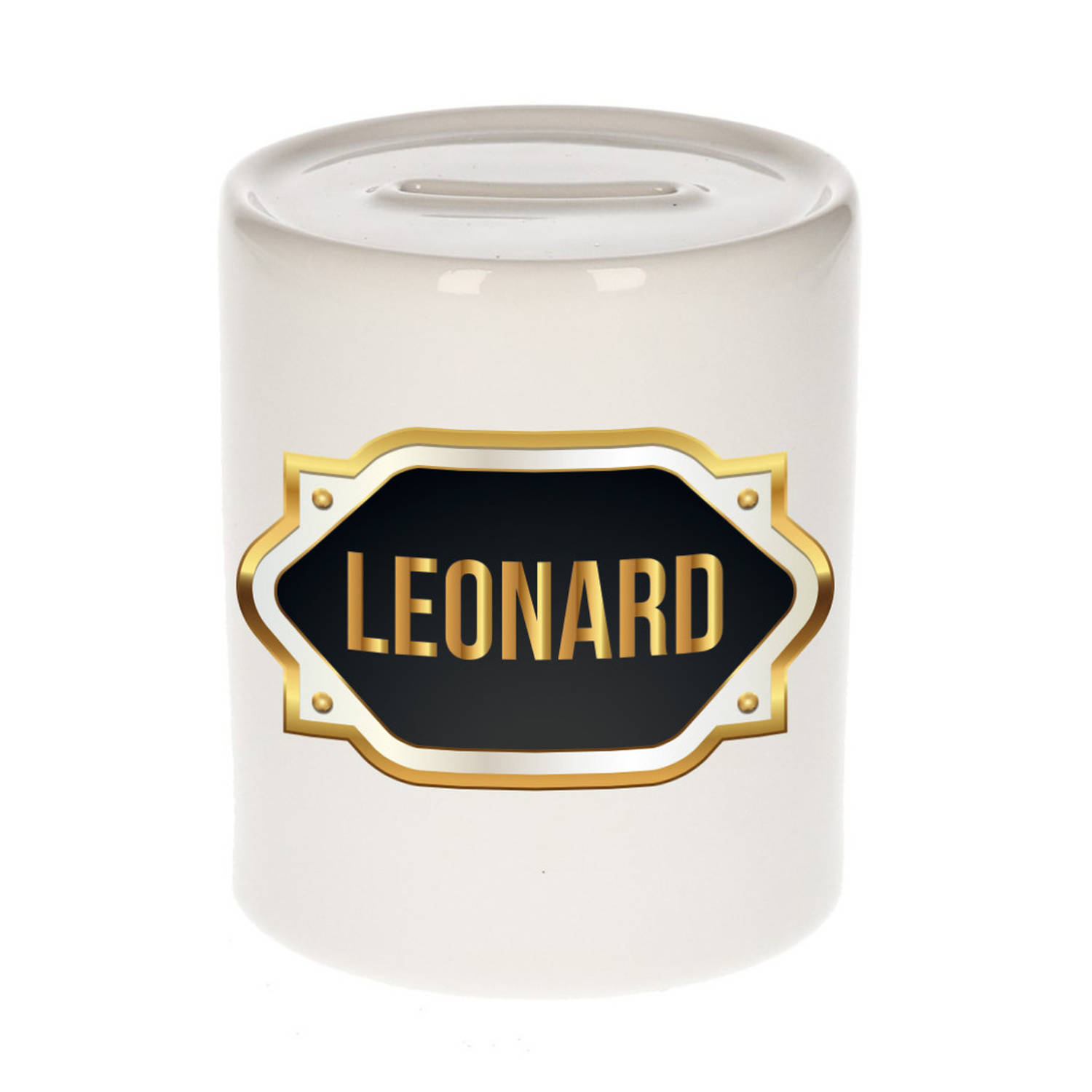 Bellatio Decorations Leonard Naam Cadeau Spaarpot Meten Embleem - Kado Verjaardag/ Vaderdag/ Pensioen/ Geslaagd/ Bedankt - Goud