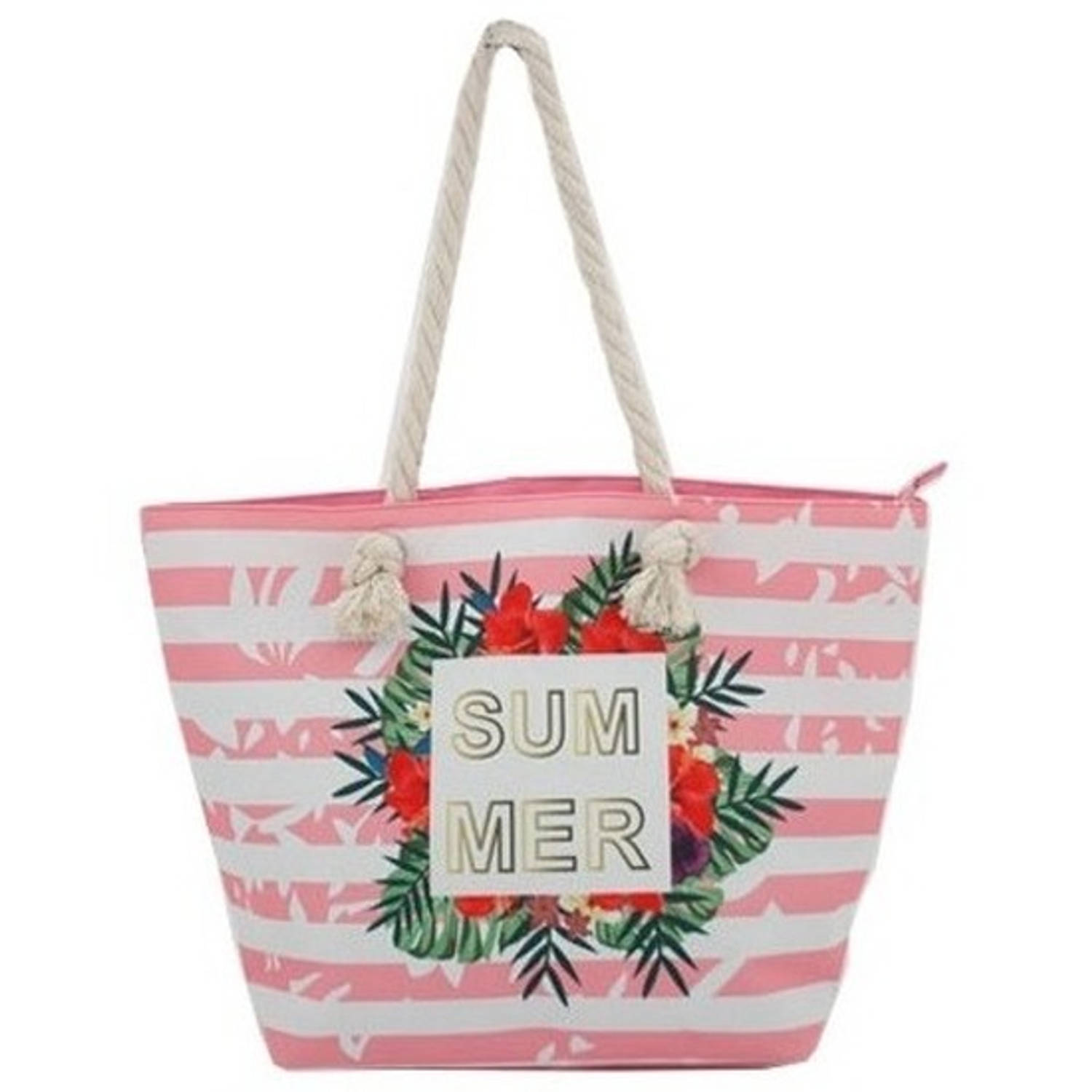 Strandtas/wit Summer 54 Cm - Strandtassen/schoudertassen Met Wit - Shoppers/zomer Tassen - Roze