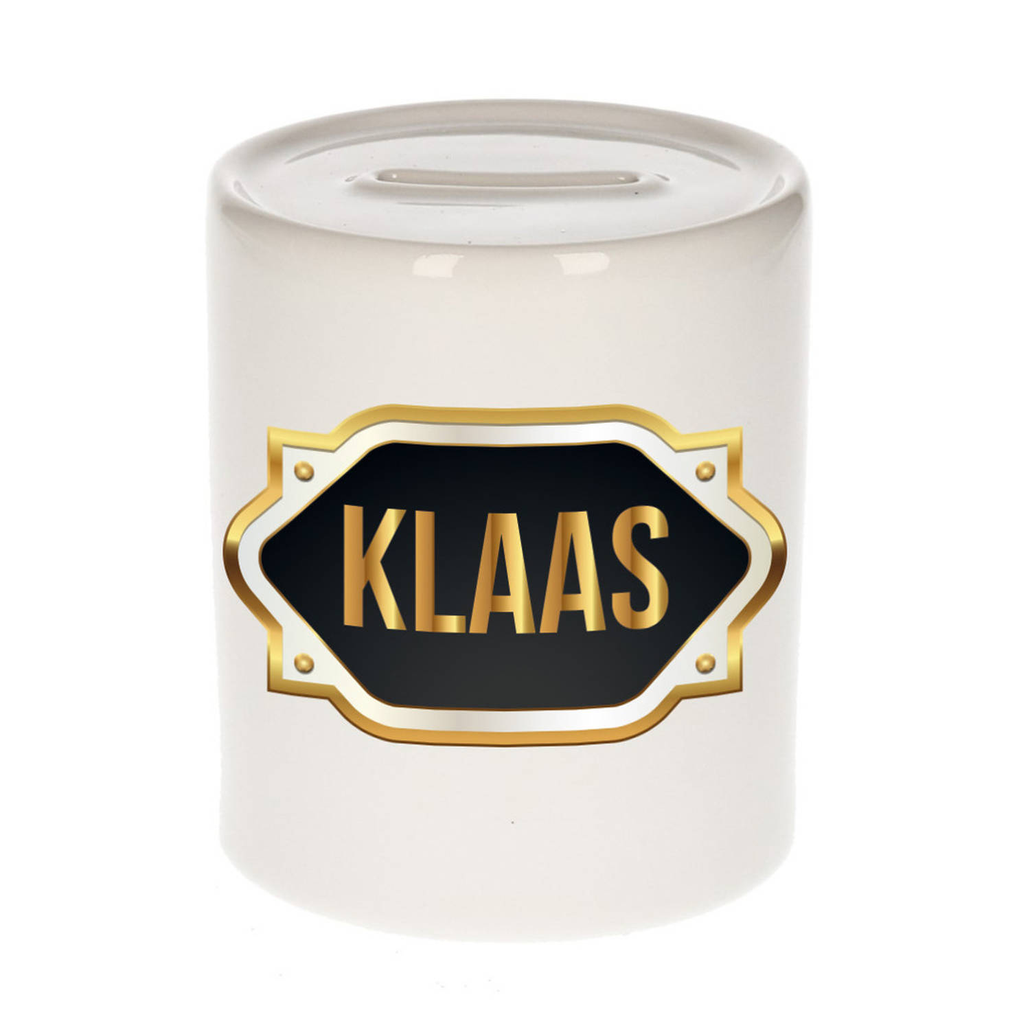 Bellatio Decorations Klaas Naam Cadeau Spaarpot Meten Embleem - Kado Verjaardag/ Vaderdag/ Pensioen/ Geslaagd/ Bedankt - Goud