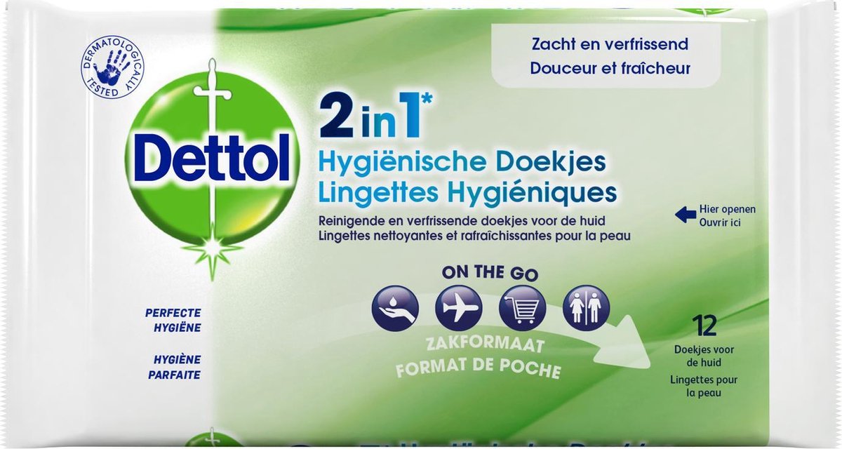 Dettol Hygienische Doekjes 2 In 1 - 12 Stuks - Handig Voor Onderweg