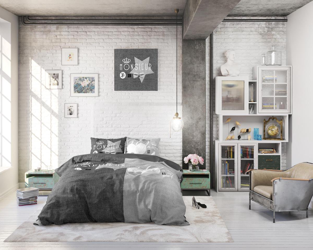 Sleeptime Monsieur et Madame - Lits-jumeaux (240 x 220 cm + 2 kussenslopen) Dekbedovertrek - Grijs