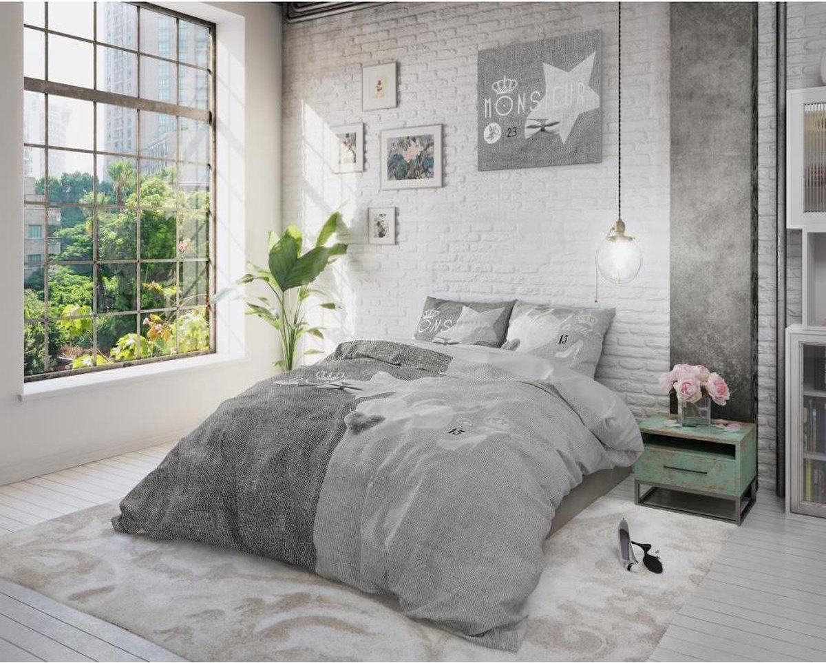 Sleeptime Monsieur et Madame - Lits-jumeaux (240 x 220 cm + 2 kussenslopen) Dekbedovertrek - Grijs