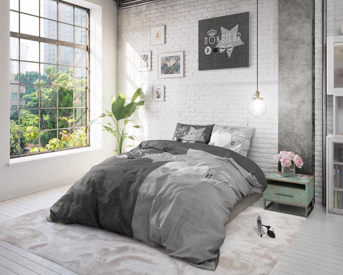 Sleeptime Monsieur et Madame - Lits-jumeaux (240 x 220 cm + 2 kussenslopen) Dekbedovertrek - Grijs