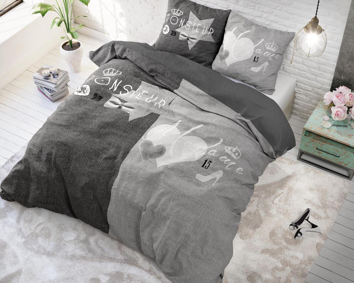 Sleeptime Monsieur et Madame - Lits-jumeaux (240 x 220 cm + 2 kussenslopen) Dekbedovertrek - Grijs