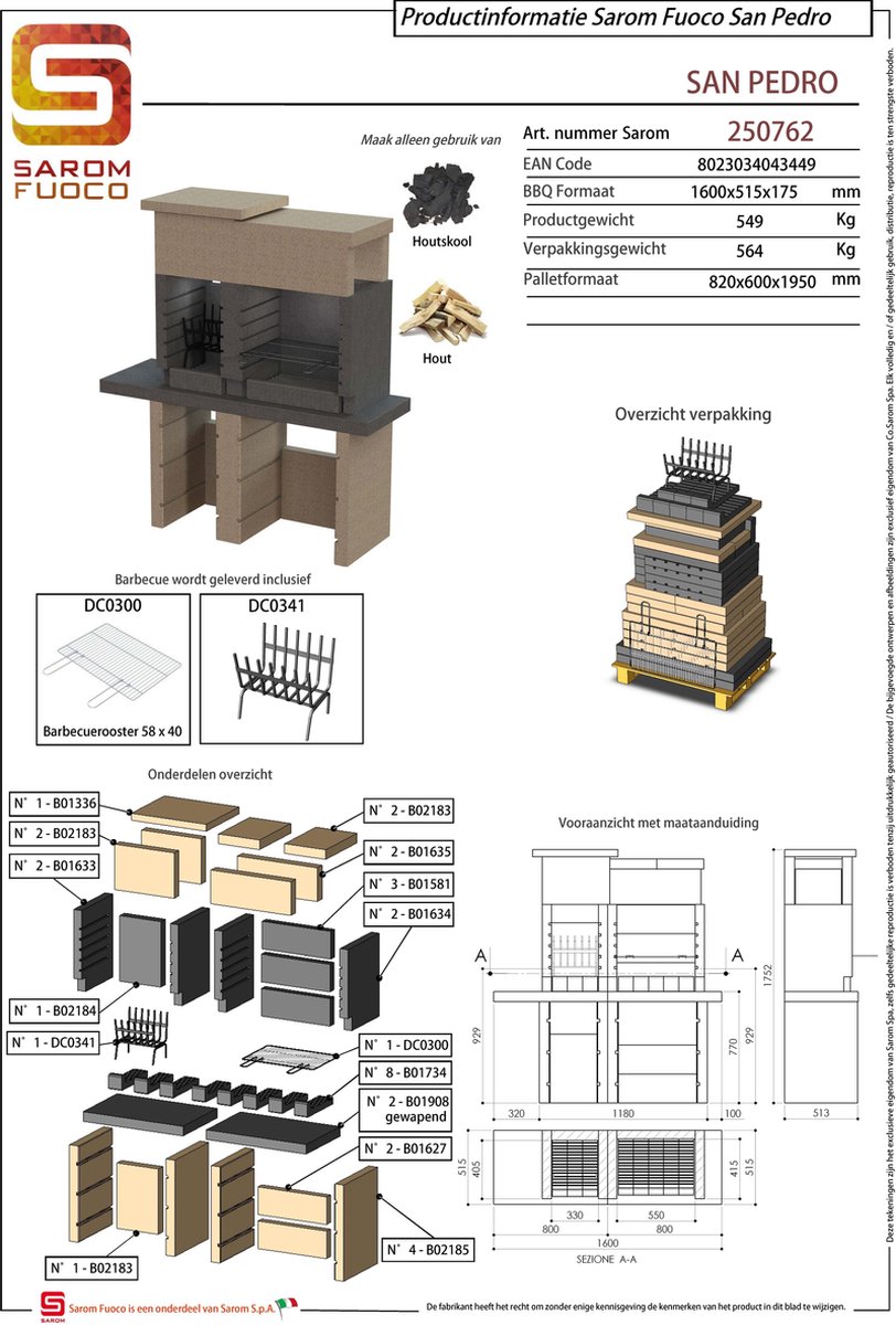 Sarom Fuoco - Betonnen Barbecue - San Pedro - 160 X 51.5 X 172,2 Cm - Grijs