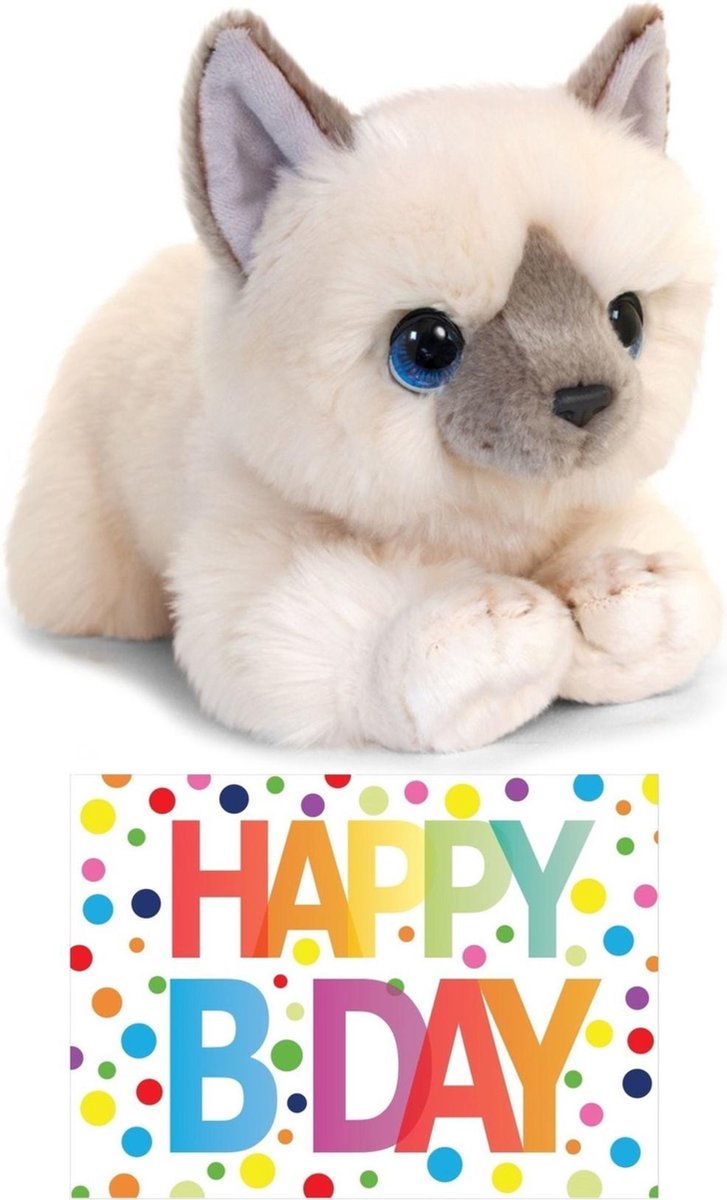 Bellatio Decorations Cadeau Setje Pluche Cremete Kat/poes Knuffel 32 Cm Met Grote A5 Formaat Happy Birthday Wenskaart - Wit