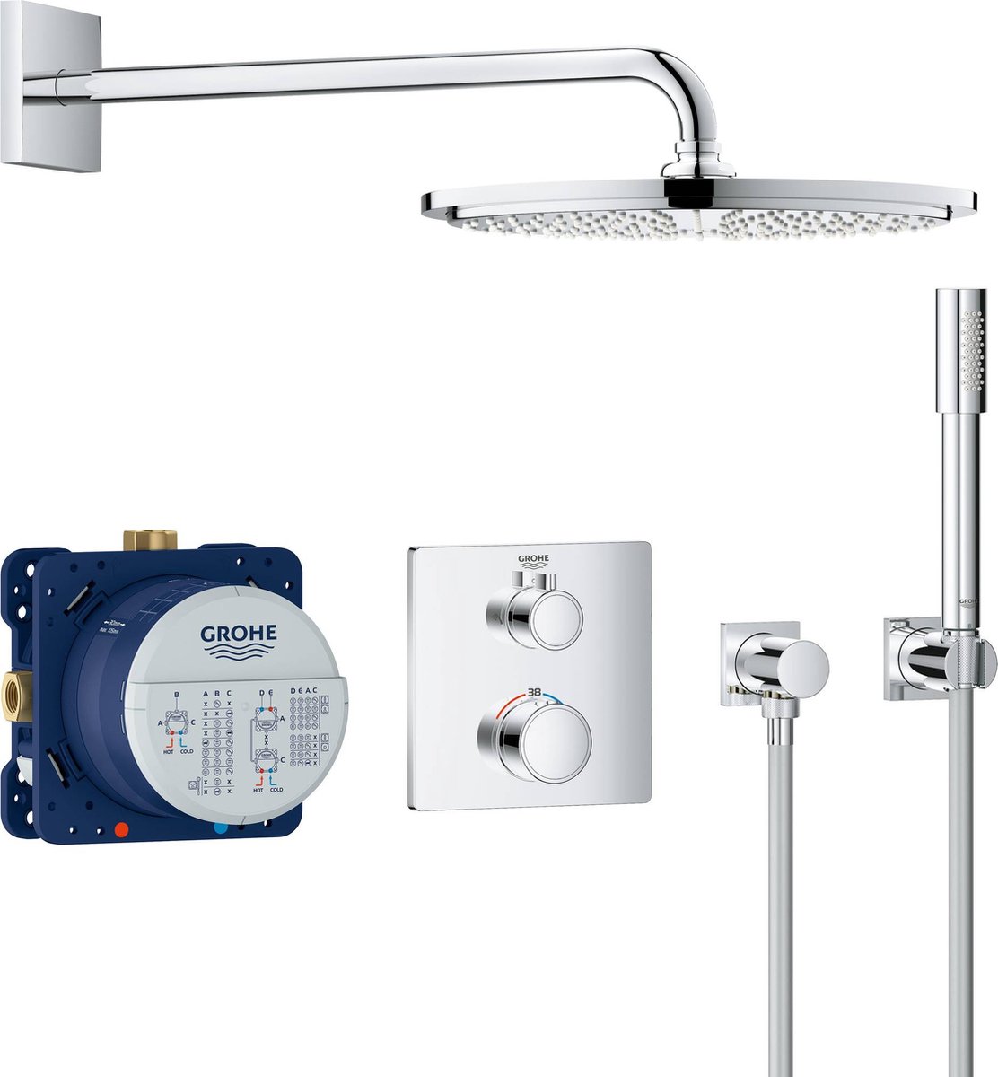 Grohe Grohtherm Perfect comfortset m. afbouwdeel rechth. voor inb. douchekraan therm. + inb.deel Rapido T m. Rainsh. Cosmo 310 hoofddouche + Sena handdouche chroom 34730000