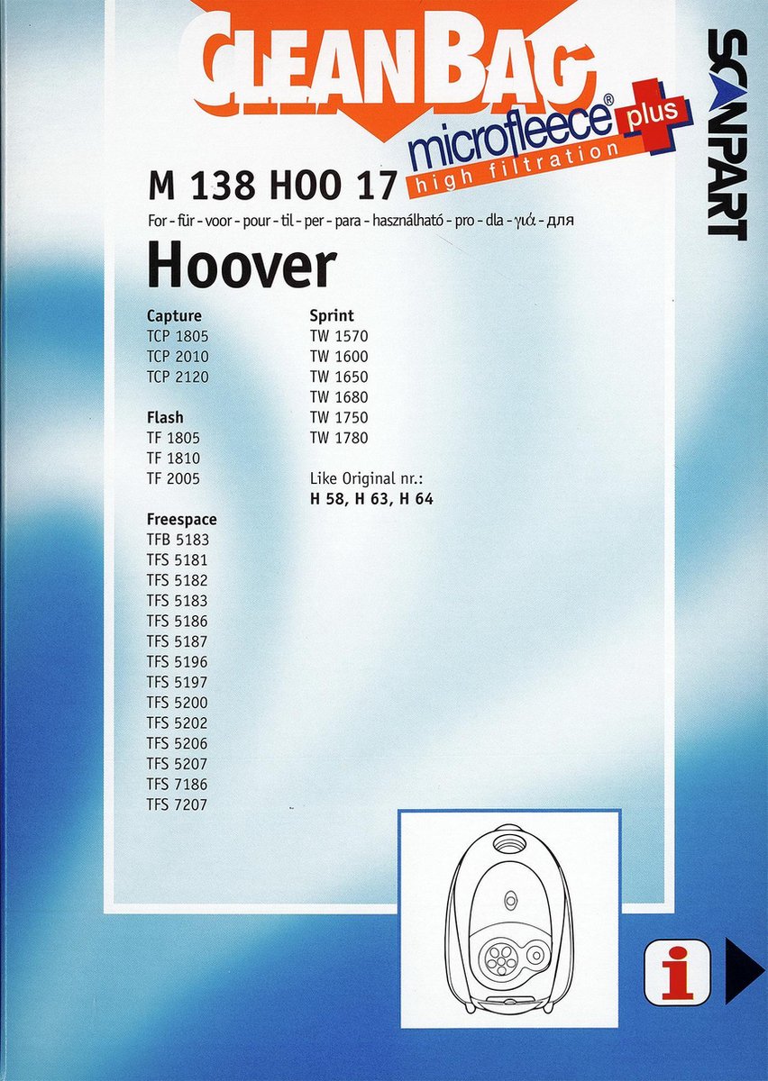 CLEANBAG Scanpart M138hoo17 Microfleese Stofzak Hoover Sprint Micro En