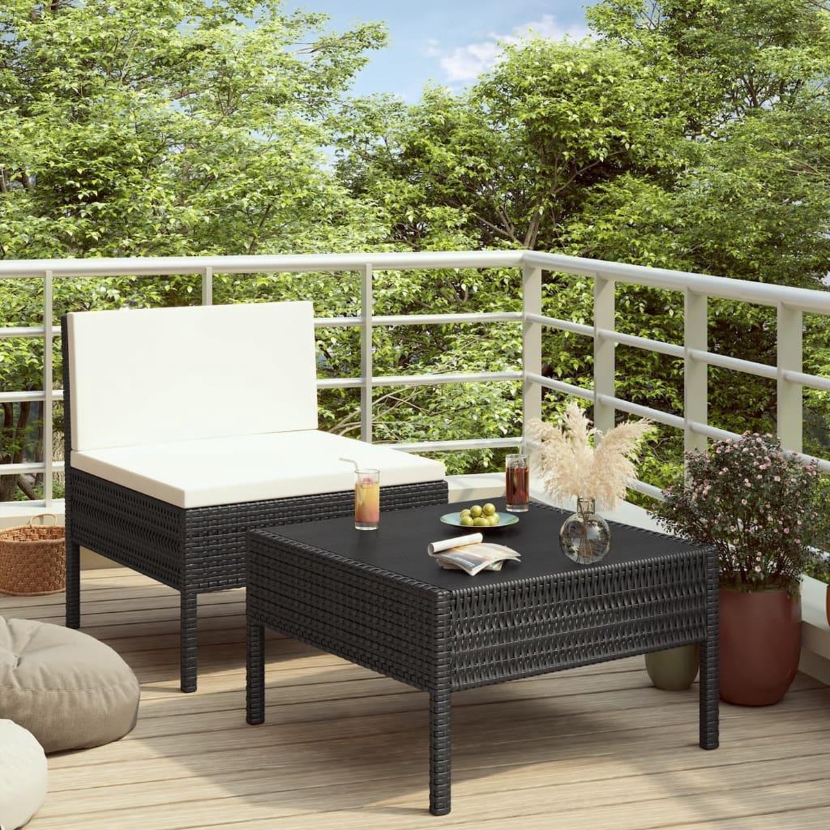 Vidaxl 2-delige Loungeset Met Kussens Poly Rattan - Zwart