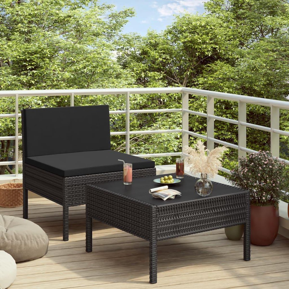 Vidaxl 2-delige Loungeset Met Kussens Poly Rattan - Zwart