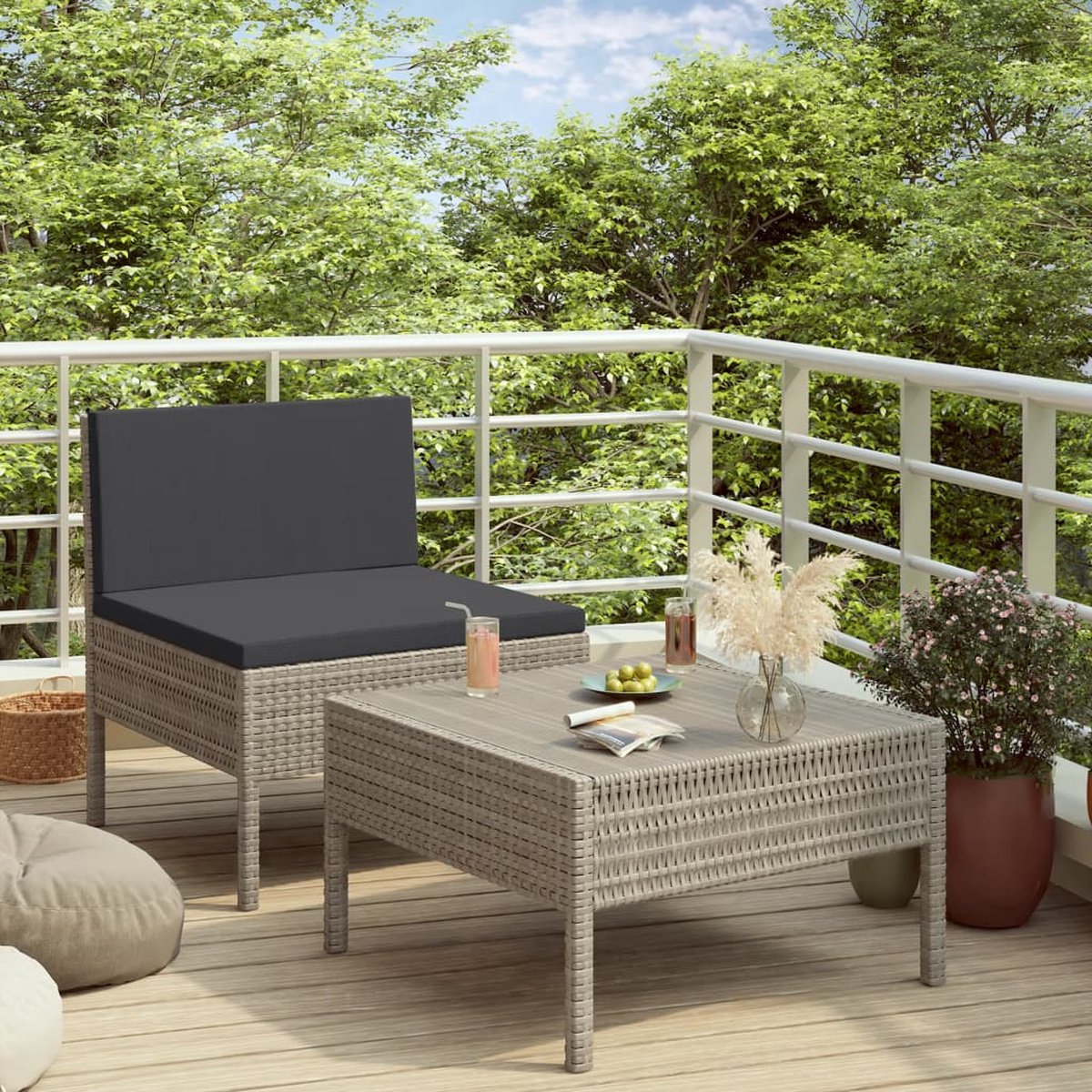 Vidaxl 2-delige Loungeset Met Kussens Poly Rattan - Grijs