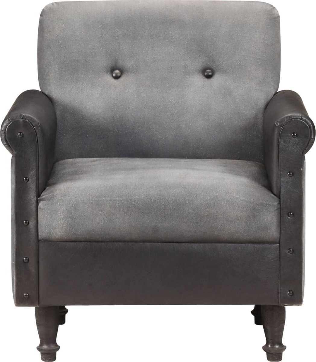 Vidaxl Kuipstoel Echt Leer En Canvas - Zwart