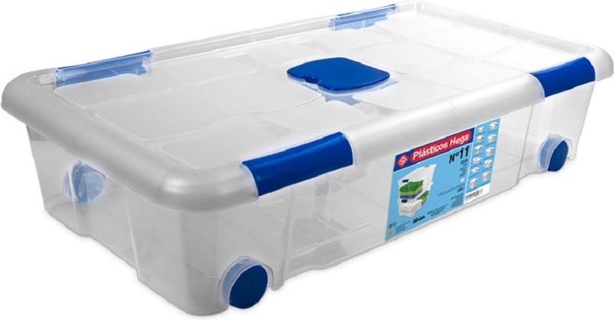 Hega Hogar 1x Opbergboxen/opbergdozen Met Deksel En Wieltjes 30 Liter Kunststof Transparant/blauw - 73 X 41 X 17 Cm - Opbergbakken